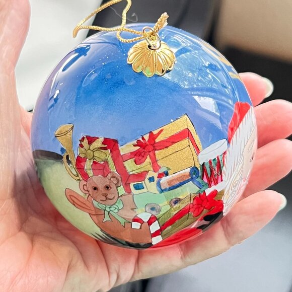 Vtg 2001 Li Bien Reverse Painted Glass Ornament Santa Reindeer Gifts Velvet Box - Picture 2 of 13